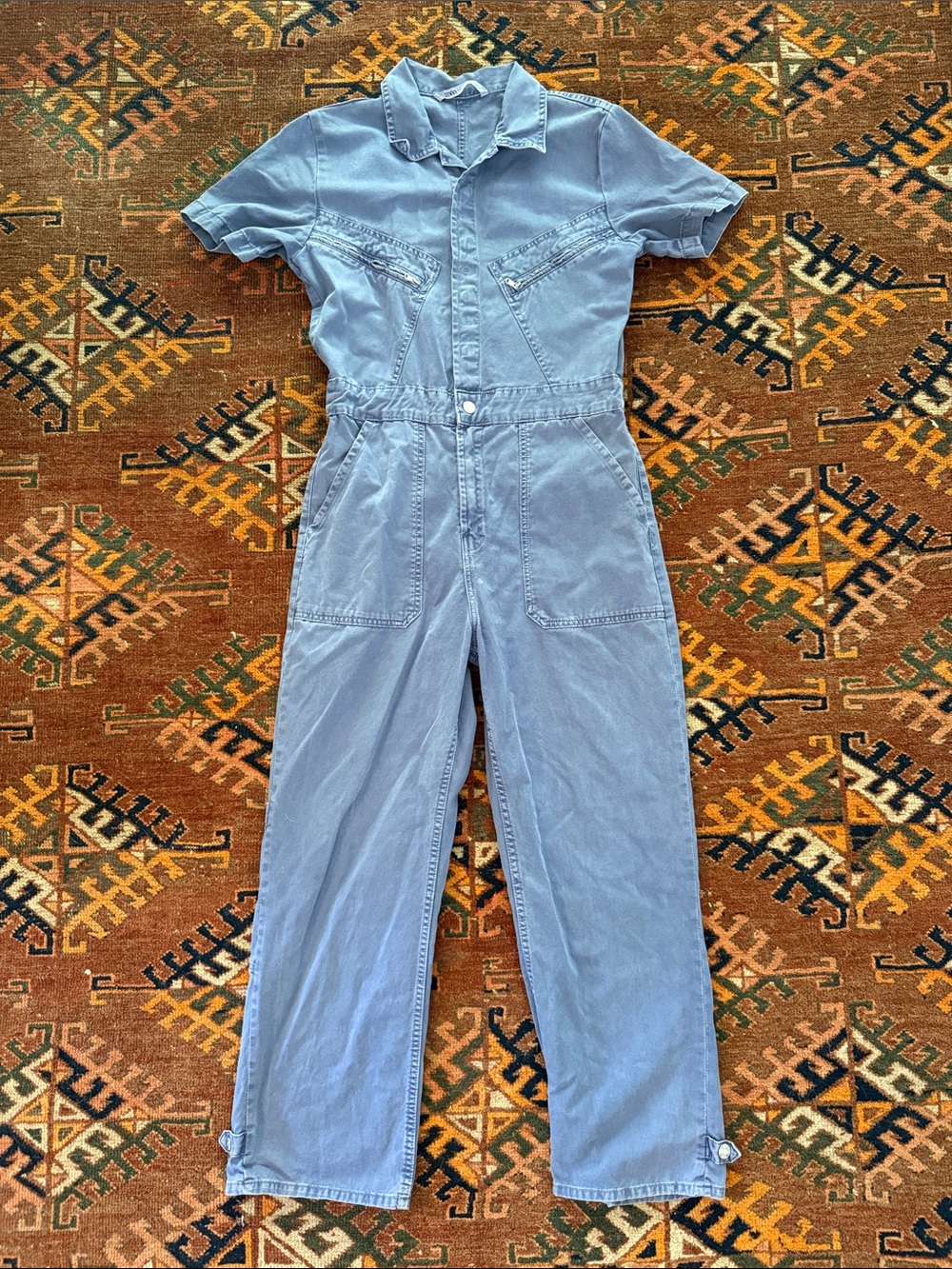 Zara Utility Jumpsuit 100% Cotton Blue Short-Sleeve